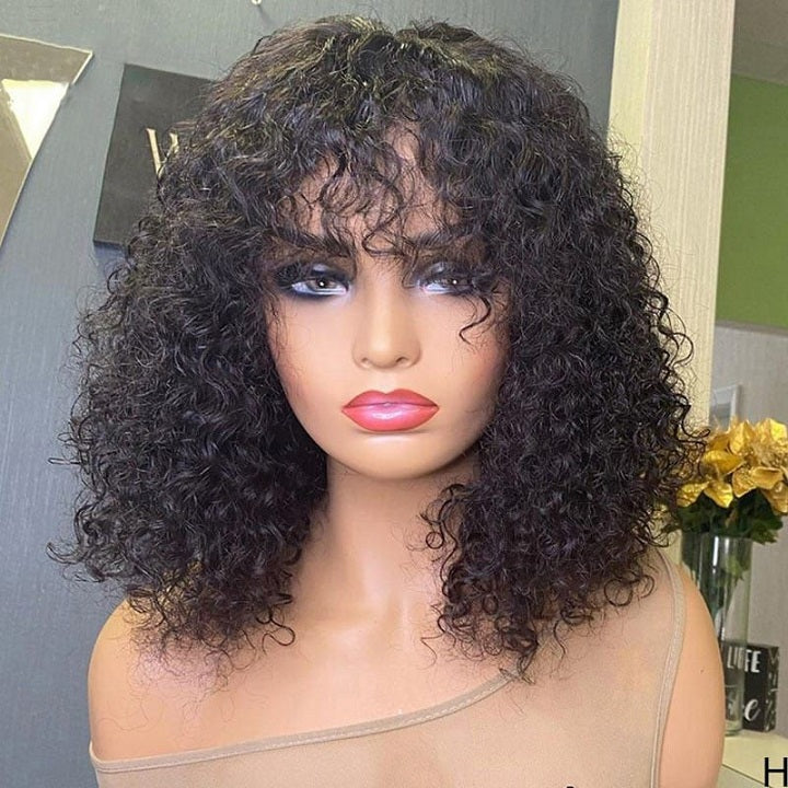 Curly Bob Glueless Wig With Bangs Full Machinemade Human Hair Wig