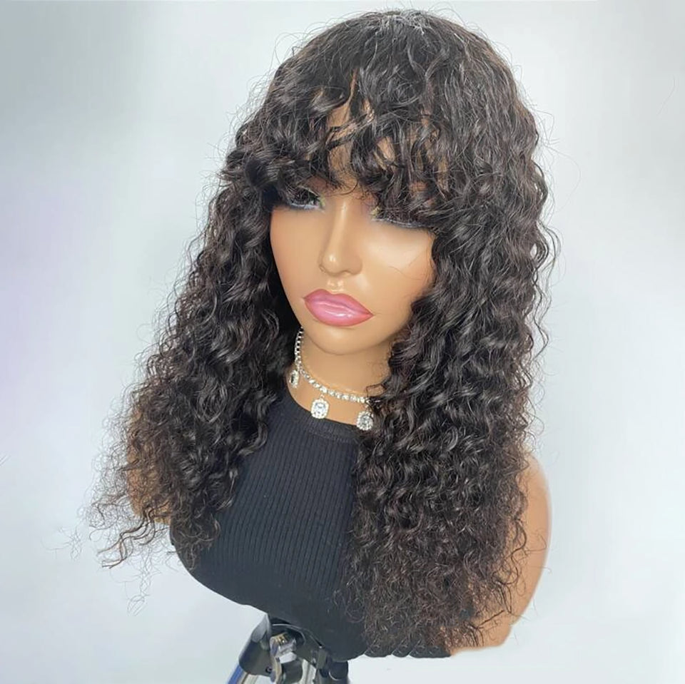 True Scalp Wig Human Hair Wigs with Bangs Glueless Deep Wave Wig