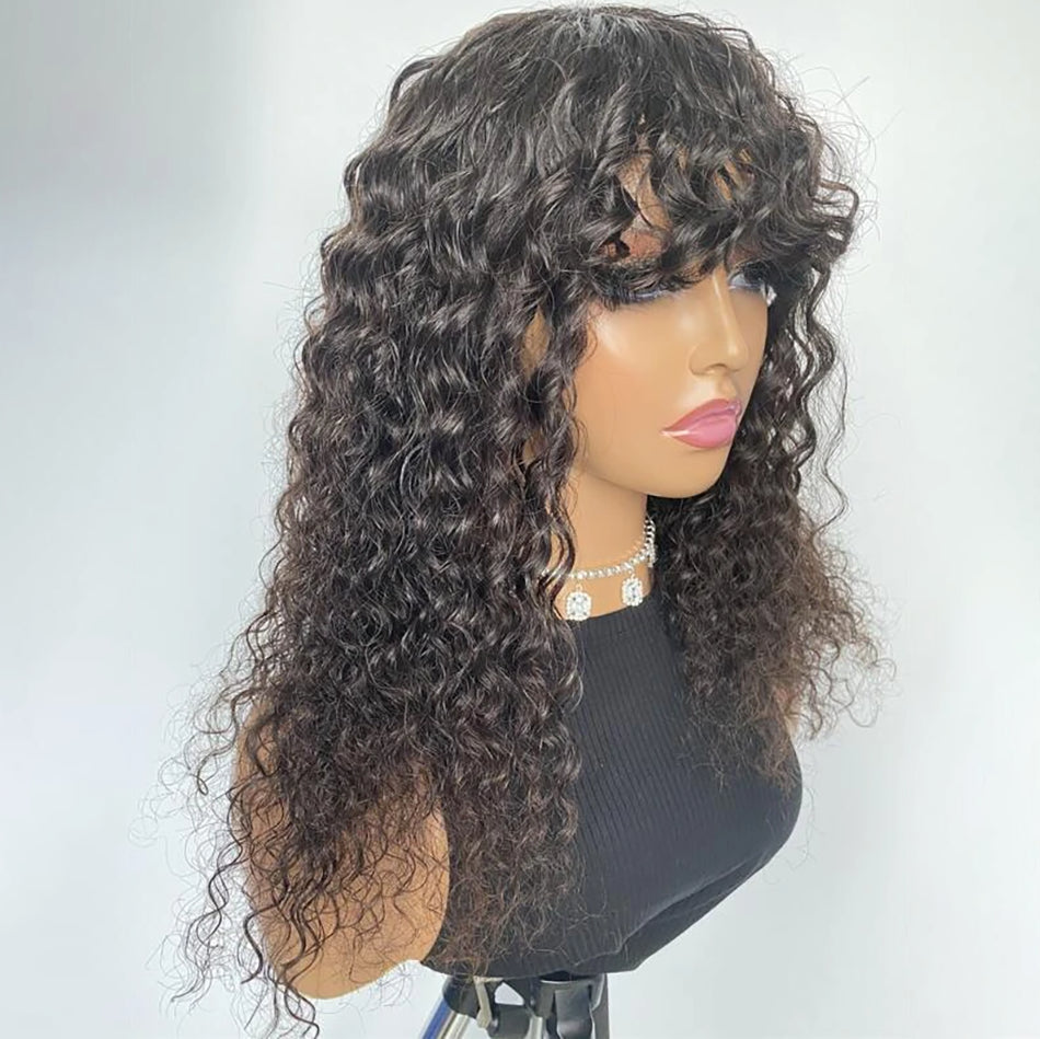True Scalp Wig Human Hair Wigs with Bangs Glueless Deep Wave Wig
