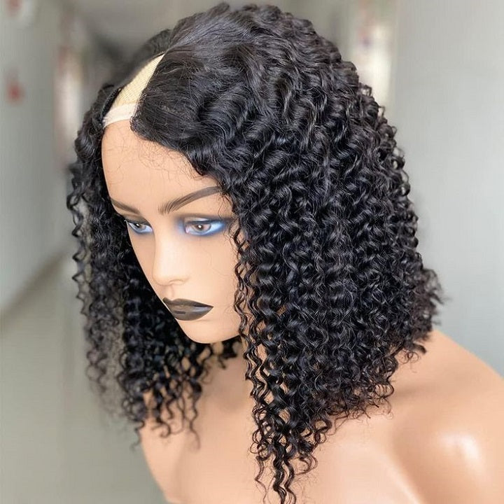 Curly V Part Handtied Bob Wig No Leave Out Glueless Human Hair Wig
