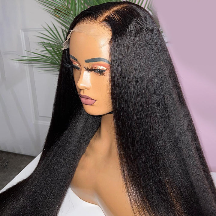 Kinky Straight 4x4 Lace Wig Preplucked Hairline Glueless HD Lace Human Hair Wig