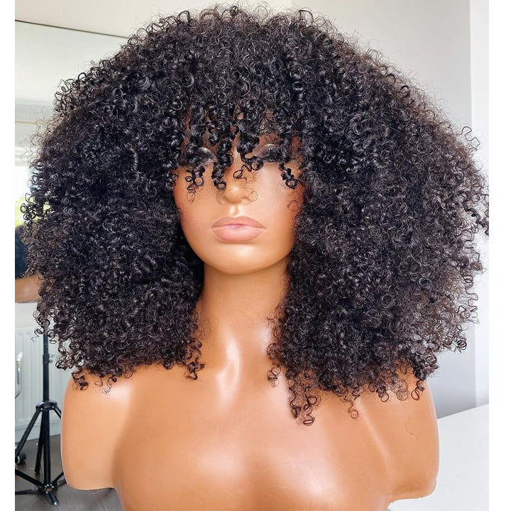 Afro Kinky Curly Wig With Bangs Full Machinemade Glueless Human Hair Wig-lucky