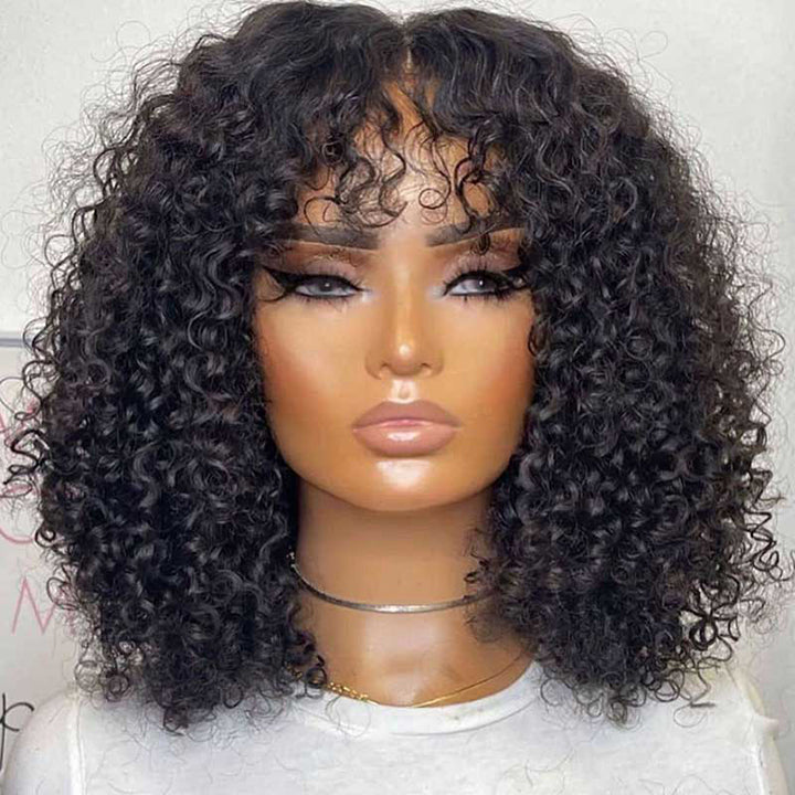 True Scalp Wig Short Curly Bob Wig with Bangs Human Hair Ready to Go Wig