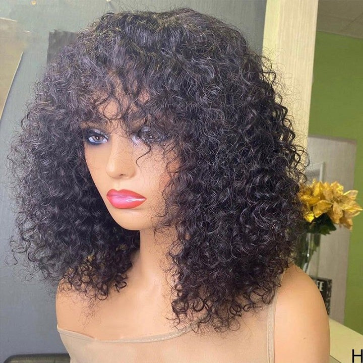 Curly Bob Glueless Wig With Bangs Full Machinemade Human Hair Wig