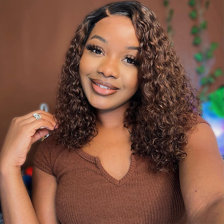 Ombre Brown Deep Curly 13x4 HD Lace Front Bob Wig Glueless Human Hair Wig