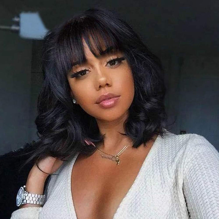 True Scalp Wig Body Wave Lace Wigs with Bangs Bob Glueless Wig