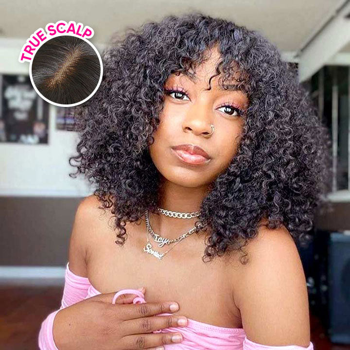 True Scalp Wig Short Curly Bob Wig with Bangs Human Hair Ready to Go Wig