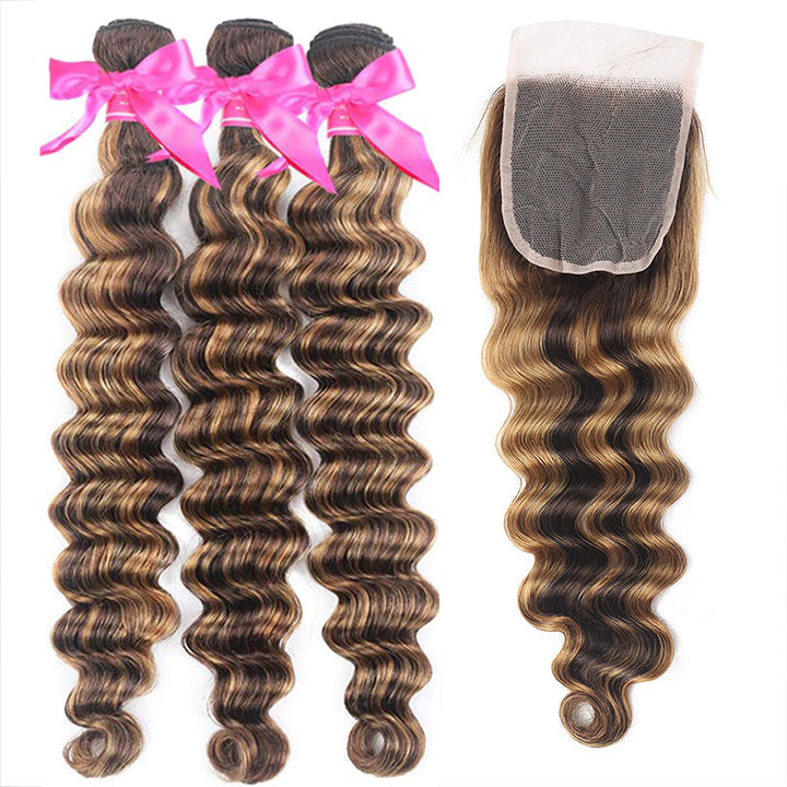 Highlight Brown P4/27 Loose Deep Hair 3 Bundles With 4x4 Lace Closure Human Hair Weaves