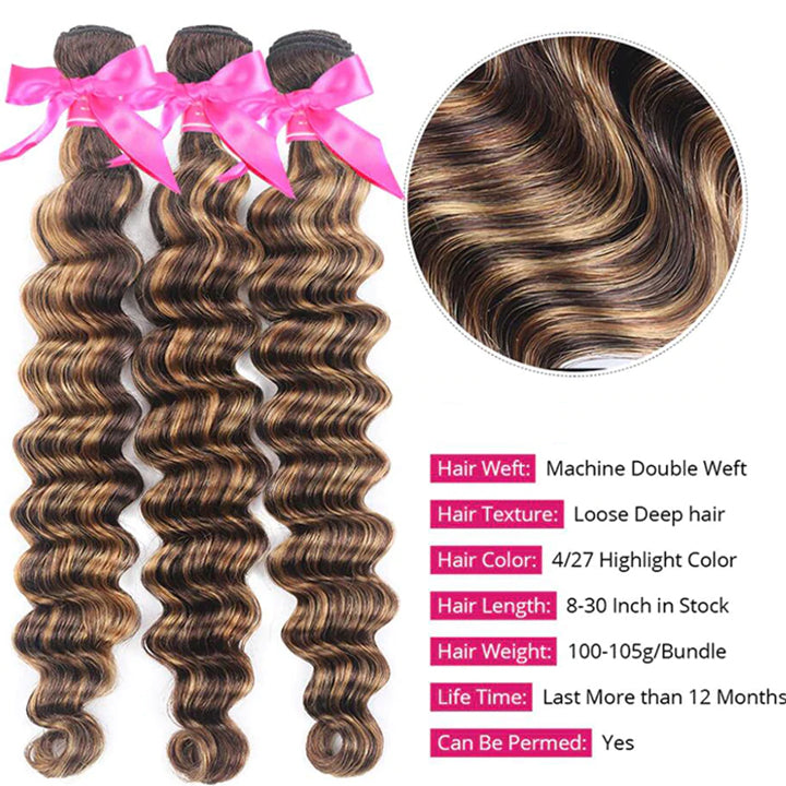 Highlight Brown P4/27 Loose Deep Hair 3 Bundles With 4x4 Lace Closure Human Hair Weaves