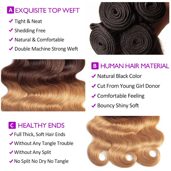 T1B/4/27 Body Wave Hair 3 Bundles With 4x4 Lace Closure 100% Human Hair Weaves