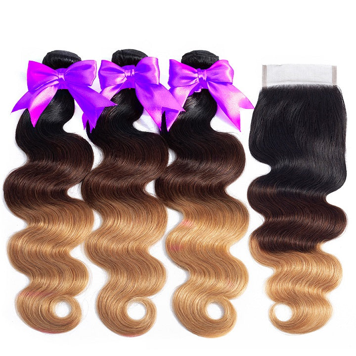 T1B/4/27 Body Wave Hair 3 Bundles With 4x4 Lace Closure 100% Human Hair Weaves