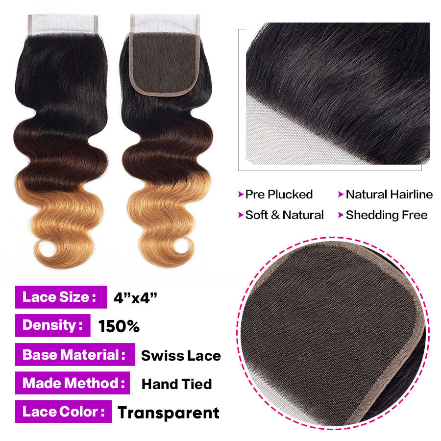 T1B/4/27 Body Wave Hair 3 Bundles With 4x4 Lace Closure 100% Human Hair Weaves