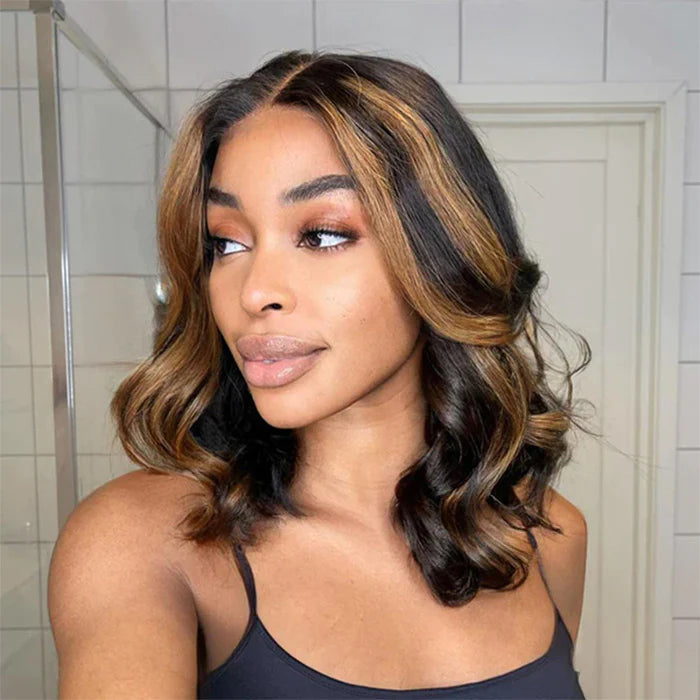 Flash Deal $119.99 10&quot; Highlight Honey Brown Wavy 5x5 Lace Bob Wig Glueless Human Hair Wigs