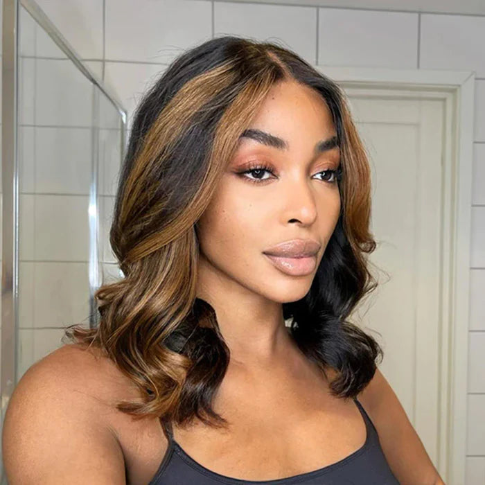 Flash Deal $119.99 10&quot; Highlight Honey Brown Wavy 5x5 Lace Bob Wig Glueless Human Hair Wigs