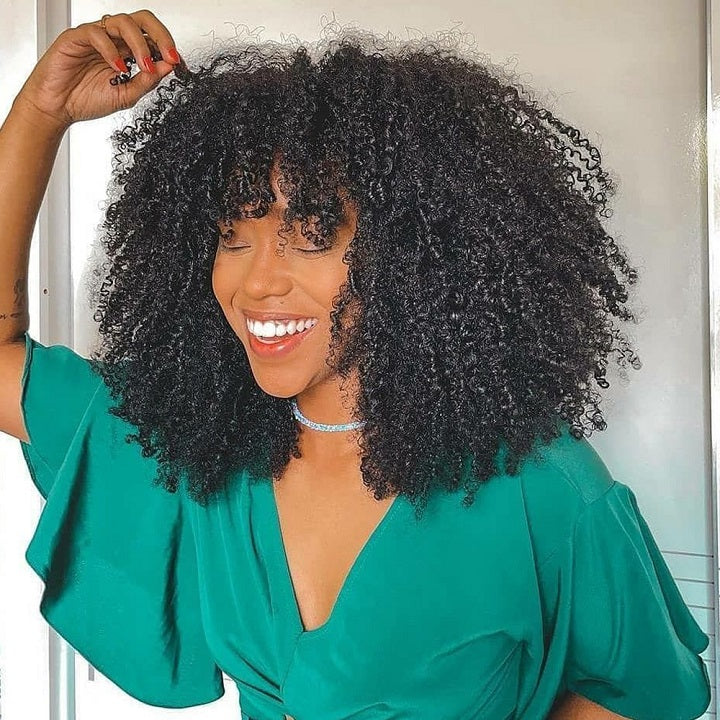 Afro Kinky Curly Wig With Bangs Full Machinemade Glueless Human Hair Wig-lucky
