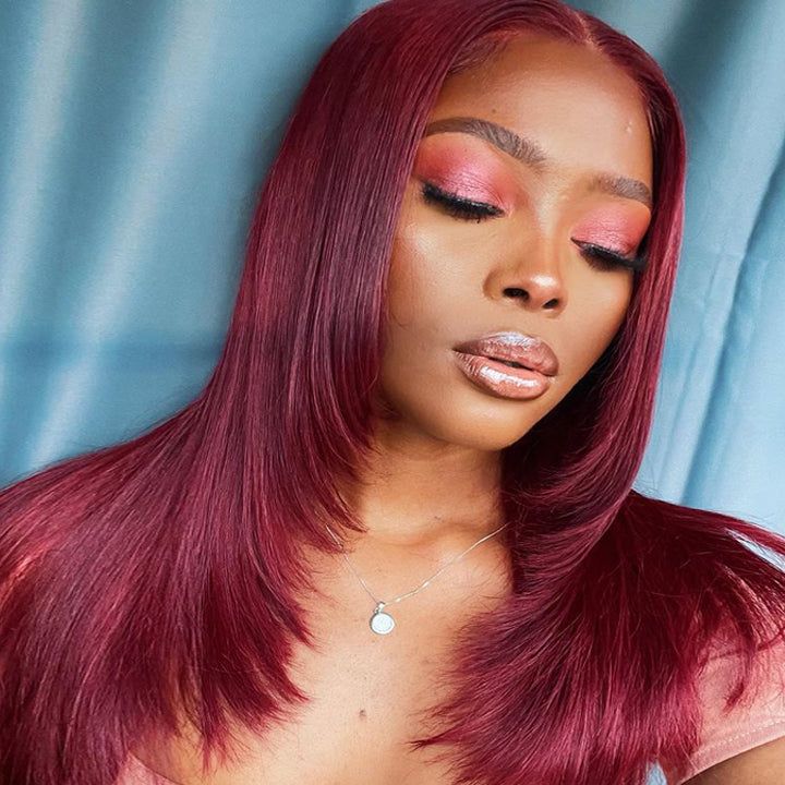Pre Cut Wig Wear & Go Wig Burgundy Straight 5x5 Lace Front Layered Wig Butterfly Haircut Wig