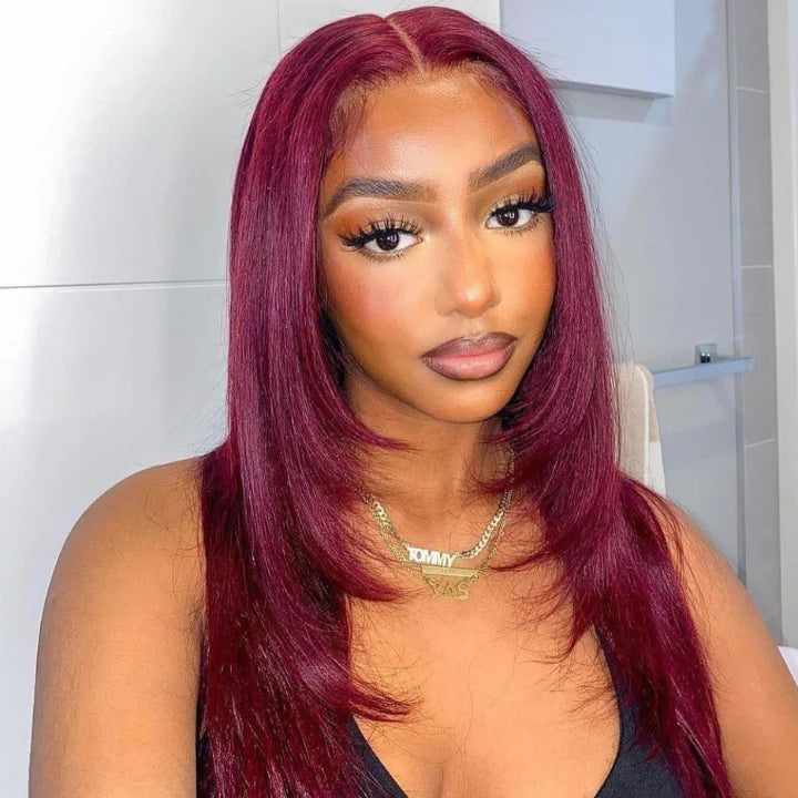 Pre Cut Wig Wear & Go Wig Burgundy Straight 5x5 Lace Front Layered Wig Butterfly Haircut Wig