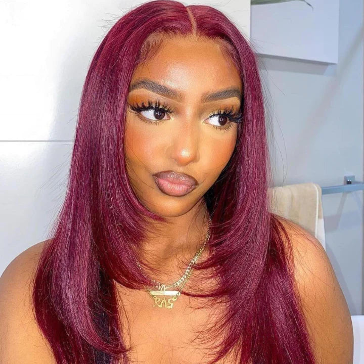 Pre Cut Wig Wear & Go Wig Burgundy Straight 5x5 Lace Front Layered Wig Butterfly Haircut Wig