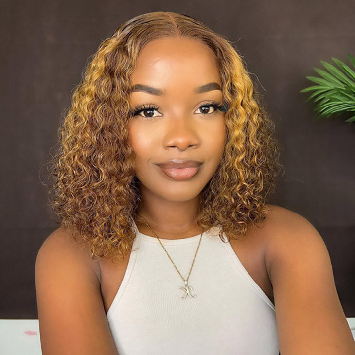 Pre Cut Wig Wear & Go Wig Ombre Highlight Curly Bob Wig Short Ombre Colored Wigs