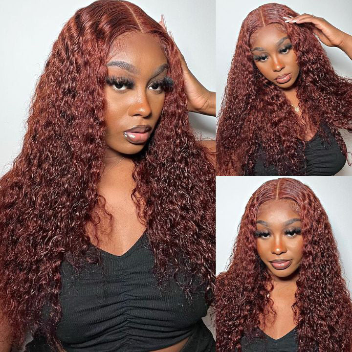 Pre Cut Lace Wig Wear & Go Reddish Brown Color Curly Human Hair Wig