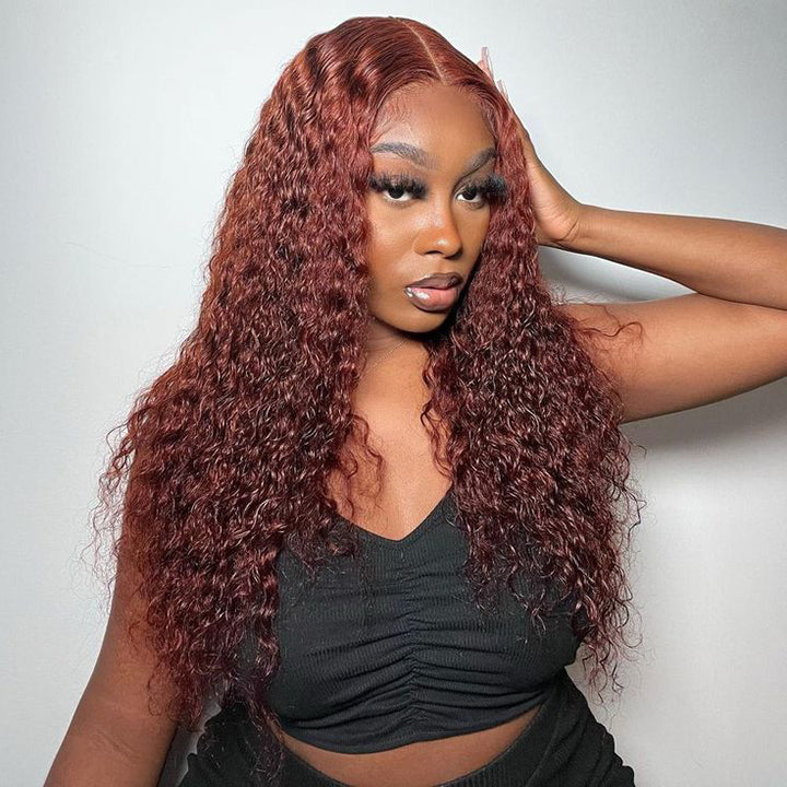Pre Cut Lace Wig Wear & Go Reddish Brown Color Curly Human Hair Wig