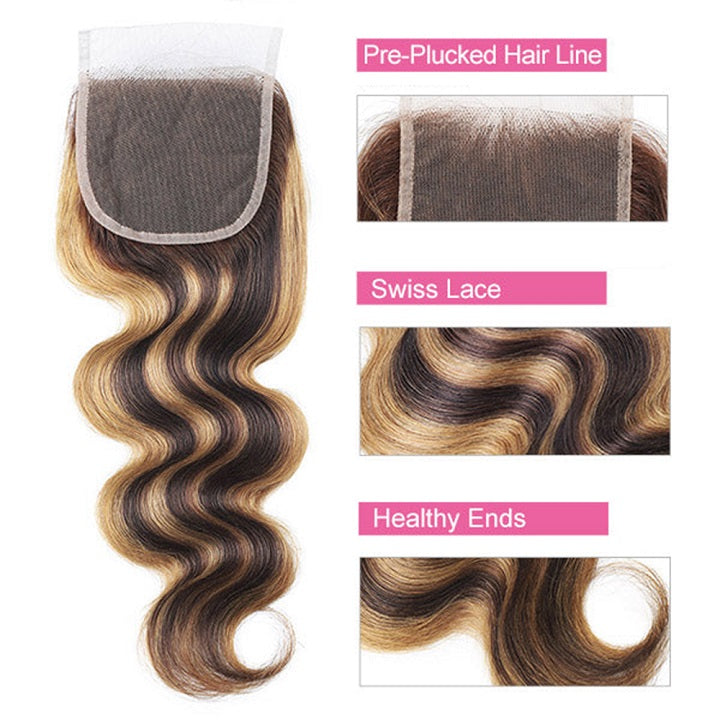 Highlight Brown P4/27 Body Wave Hair 3 Bundles With 4x4 Lace Closure 100% Human Hair Weaves