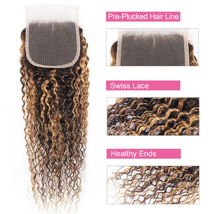 Highlight Brown P4/27 Kinky Curly Hair 3 Bundles With 4x4 Lace Closure Human Hair Weaves