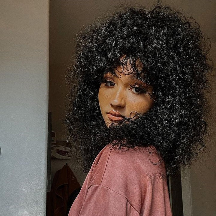 True Scalp Glueless Curly Wig Human Hair Wig With Bangs
