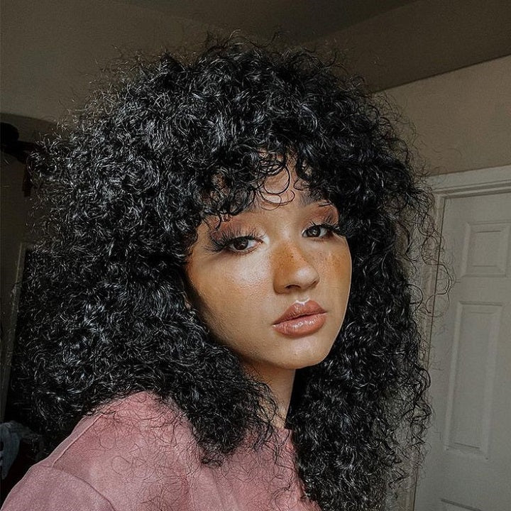 True Scalp Glueless Curly Wig Human Hair Wig With Bangs