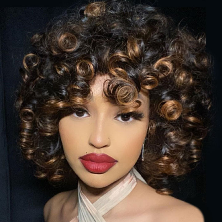 T1B/30 Rose Bouncy Curly Wig With Bangs Glueless 99J Machinemade Human Hair Wig Double Drawn