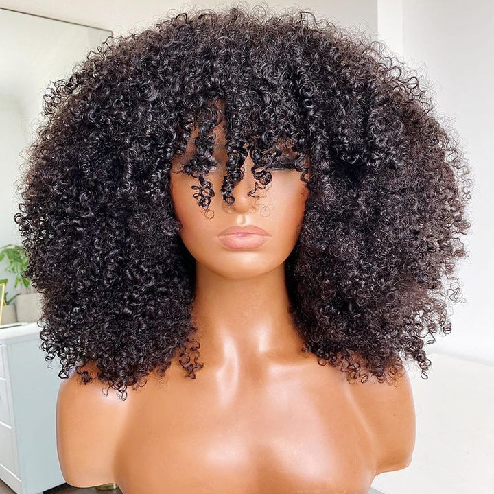 Afro Kinky Curly Wig With Bangs Full Machinemade Glueless Human Hair Wig-lucky