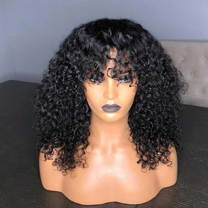 True Scalp Wig Short Curly Bob Wig with Bangs Human Hair Ready to Go Wig