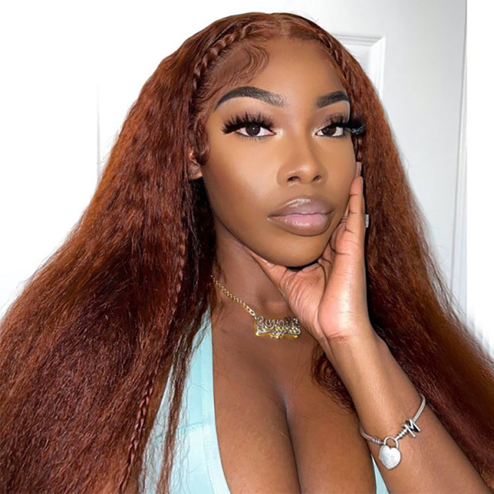 Pre Cut Glueless Wigs Wear & Go Wig Reddish Brown Kinky Straight Wig
