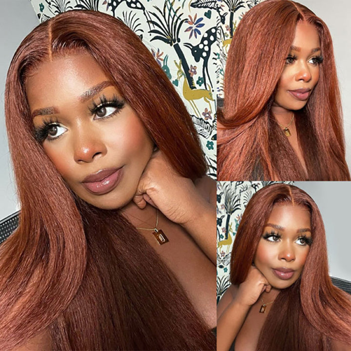 Pre Cut Glueless Wigs Wear & Go Wig Reddish Brown Kinky Straight Wig