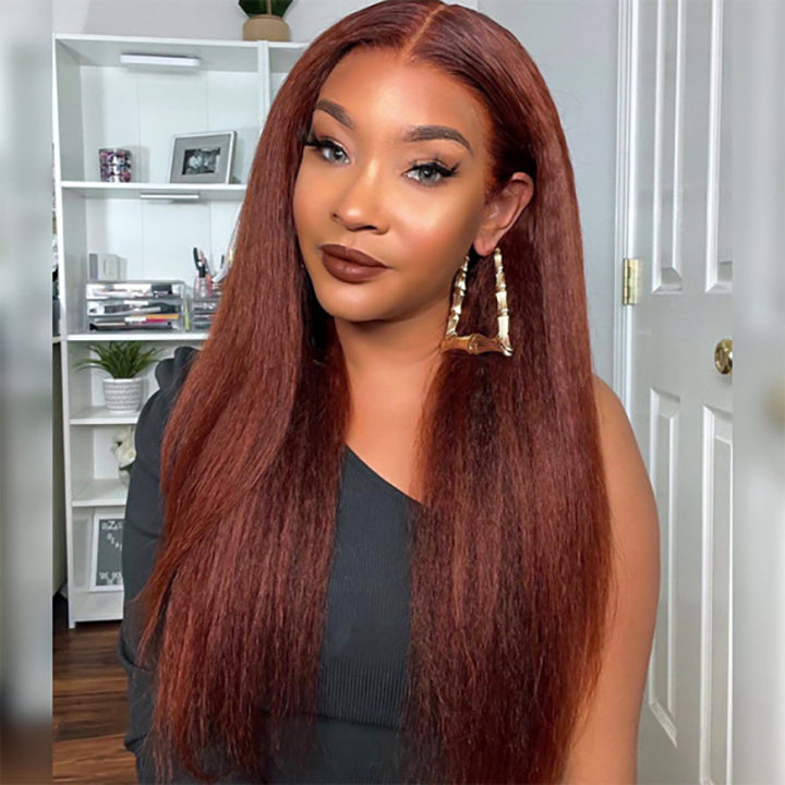 Pre Cut Glueless Wigs Wear & Go Wig Reddish Brown Kinky Straight Wig