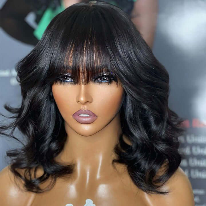 True Scalp Wig Body Wave Lace Wigs with Bangs Bob Glueless Wig