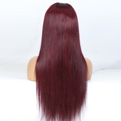 Hairvilla Pre Cut Lace Glueless Straight Dark Burgundy Red Wine with Bangs 4x4 Lace Human Hair Wig I Lucy