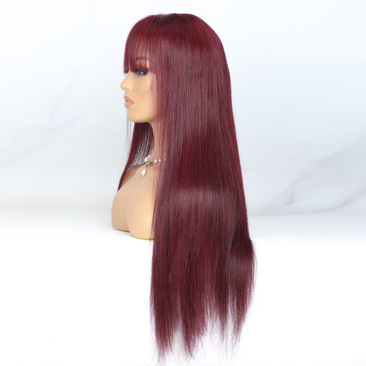 Hairvilla Pre Cut Lace Glueless Straight Dark Burgundy Red Wine with Bangs 4x4 Lace Human Hair Wig I Lucy