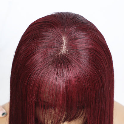 Hairvilla Pre Cut Lace Glueless Straight Dark Burgundy Red Wine with Bangs 4x4 Lace Human Hair Wig I Lucy