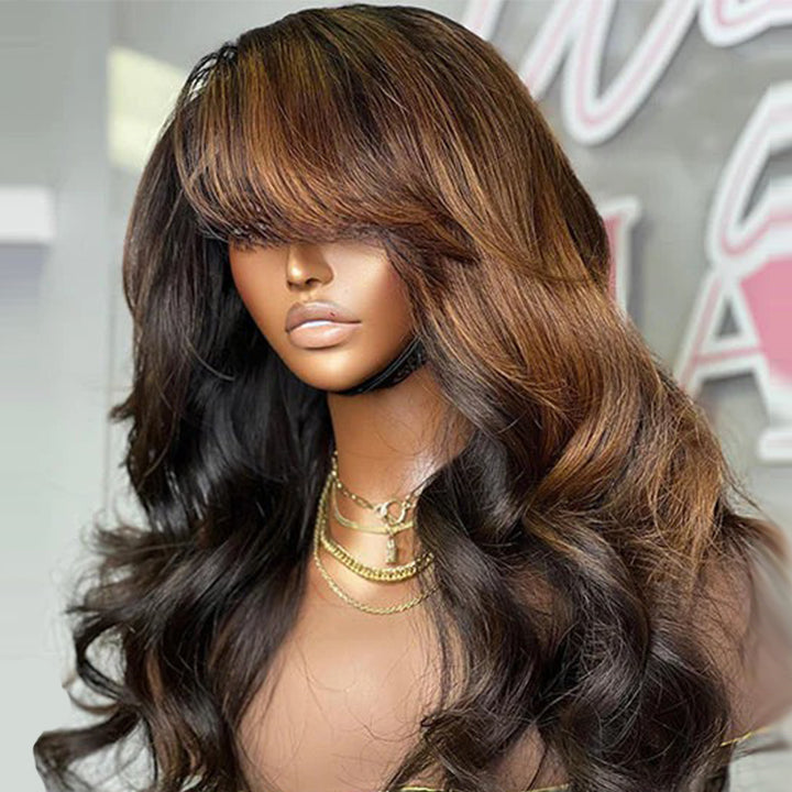 [Teresa] Glueless Highlight Rich Brown Bouncy Body Wave 4x4 Lace Front Wig Human Hair Wig