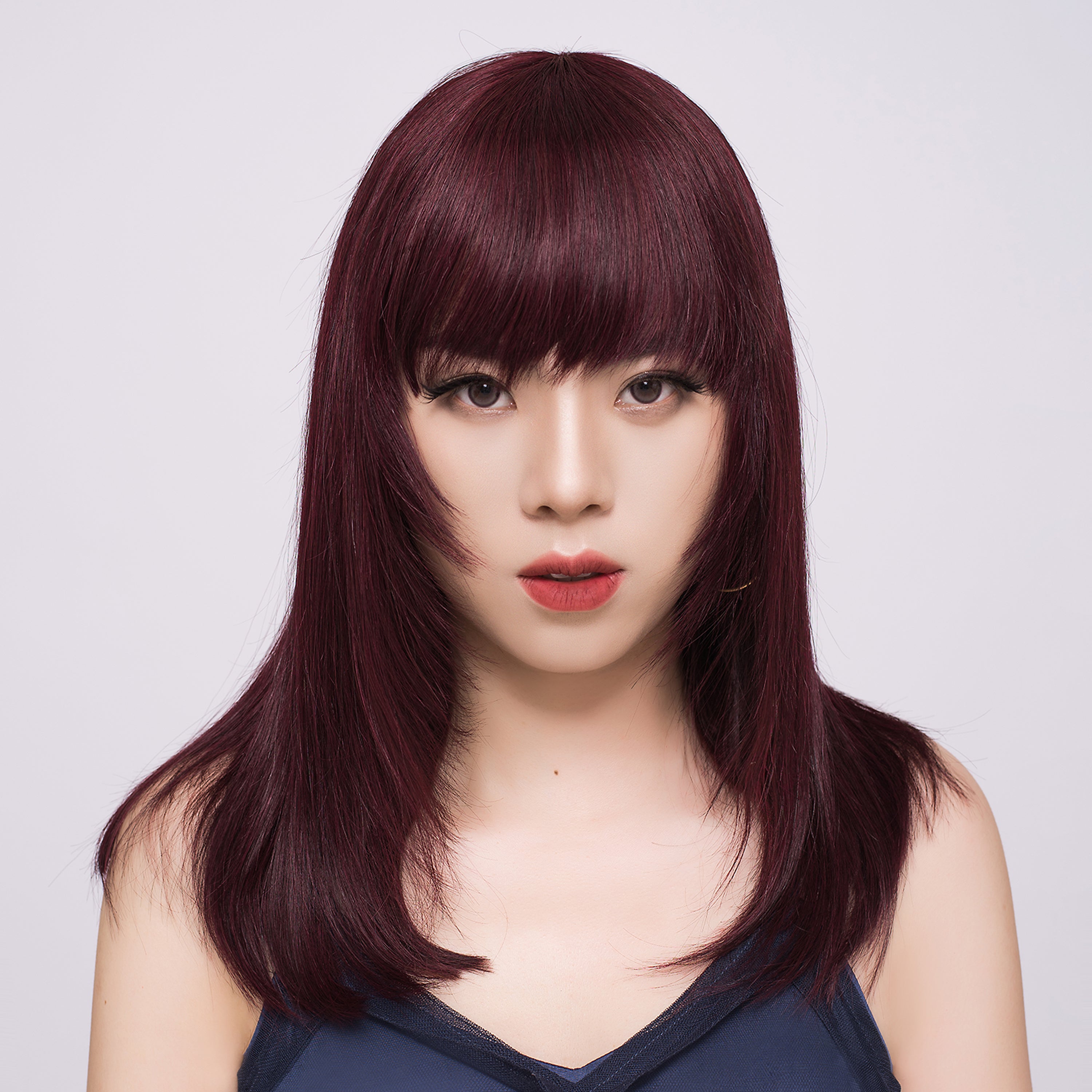 Glueless Layer Cut Straight Bob Burgundy Dark Red With Bangs Human Hair Wigs [Diva]