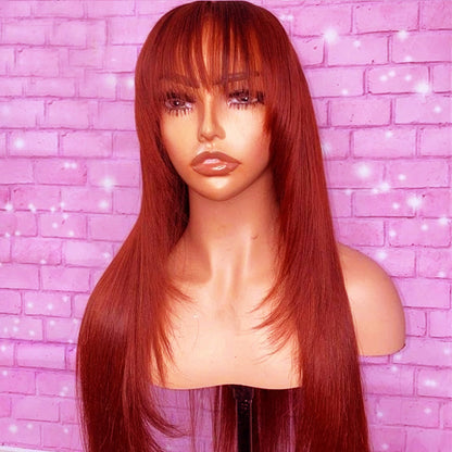 [Berry] Glueless Reddish Brown Straight Layer Cut 4x4 Lace Closure Wig With Bangs Human Hair Wig