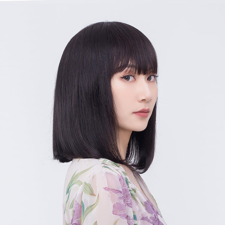 Glueless Short Bob with Bangs Natural Black Human Hair Wig [Tina]