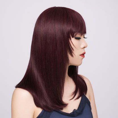 Glueless Layer Cut Straight Bob Burgundy Dark Red With Bangs Human Hair Wigs [Diva]