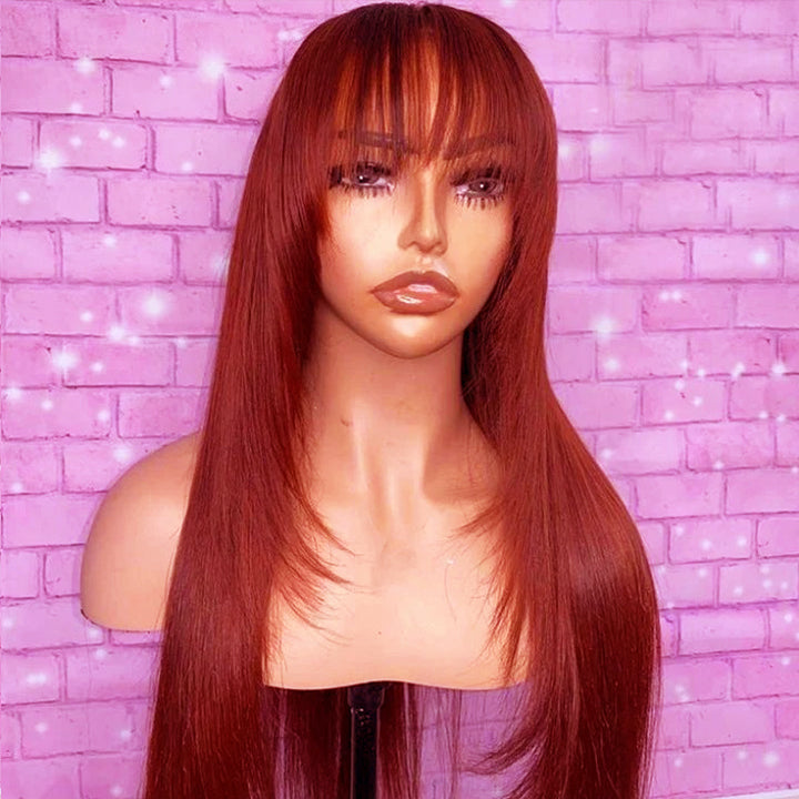 [Berry] Glueless Reddish Brown Straight Layer Cut 4x4 Lace Closure Wig With Bangs Human Hair Wig