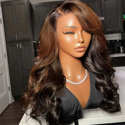 [Teresa] Glueless Highlight Rich Brown Bouncy Body Wave 4x4 Lace Front Wig Human Hair Wig