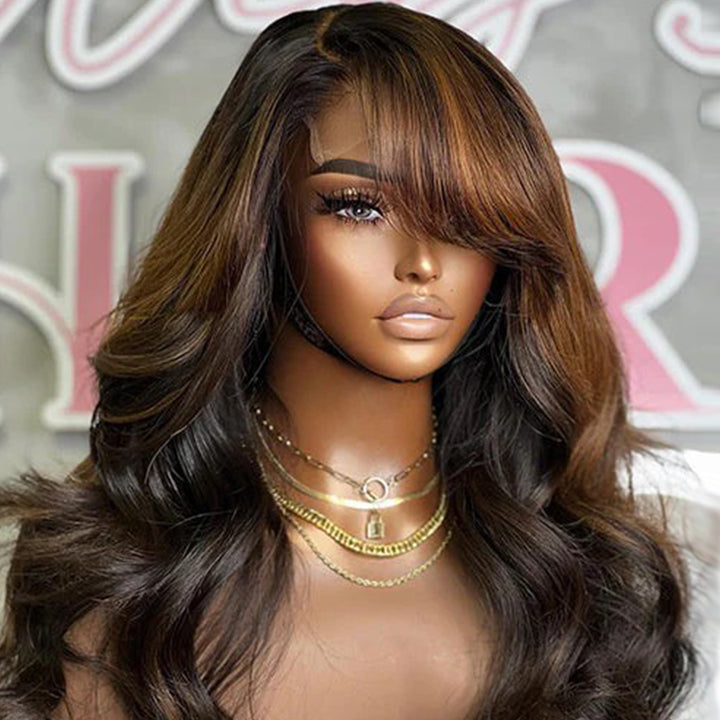 [Teresa] Glueless Highlight Rich Brown Bouncy Body Wave 4x4 Lace Front Wig Human Hair Wig