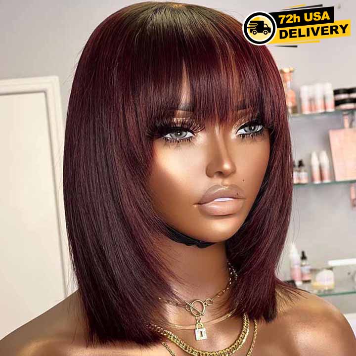 Glueless Layer Cut Straight Bob Burgundy Dark Red With Bangs Human Hair Wigs [Diva]