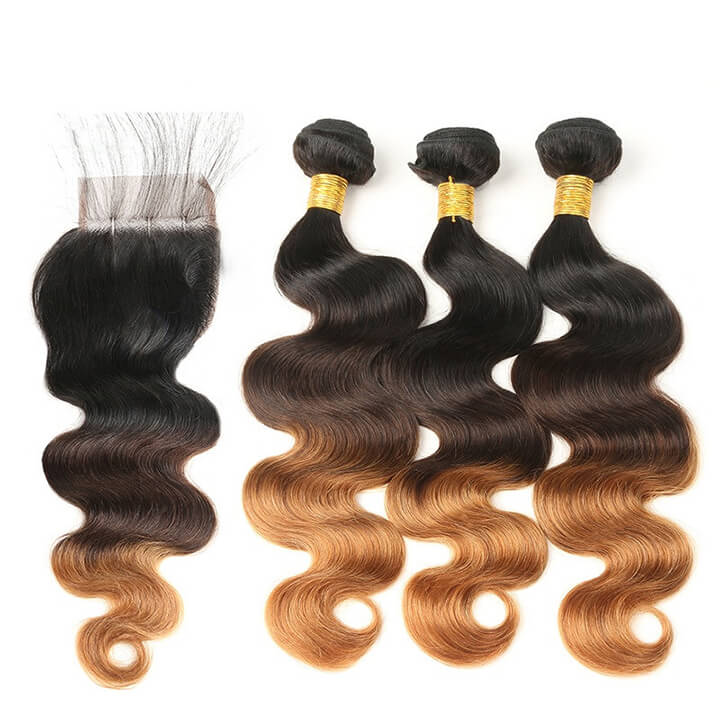 T1B/4/30 Body Wave Hair 3 Bundles With 4x4 Lace Closure Human Hair Weaves