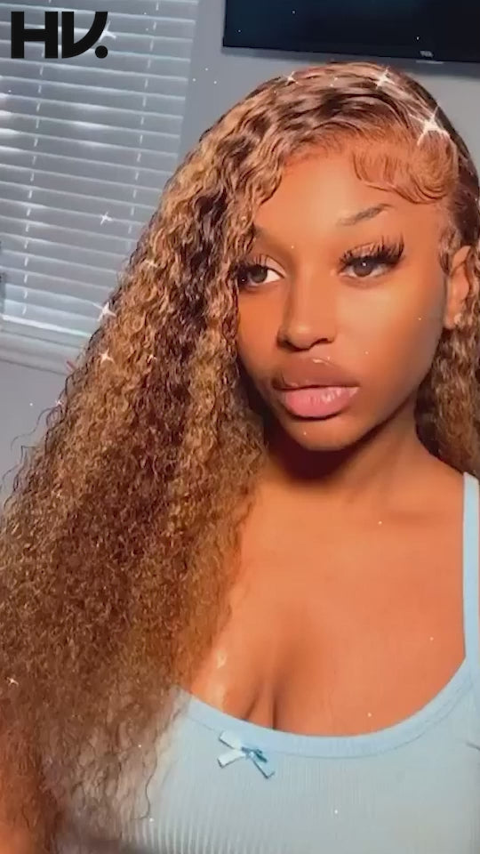 Highlight Honey Brown Curly 13x4 Lace Front Wig Glueless Human Hair Wig